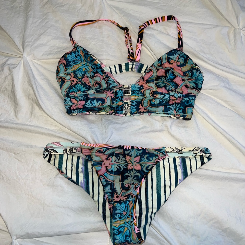 Floral and Striped Bikini Set